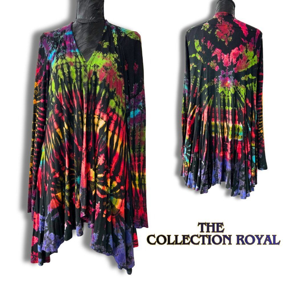 Boho Indy Artsy Flowy Kimono Cardigan Vibrant multicolor Tie Dye  XXL